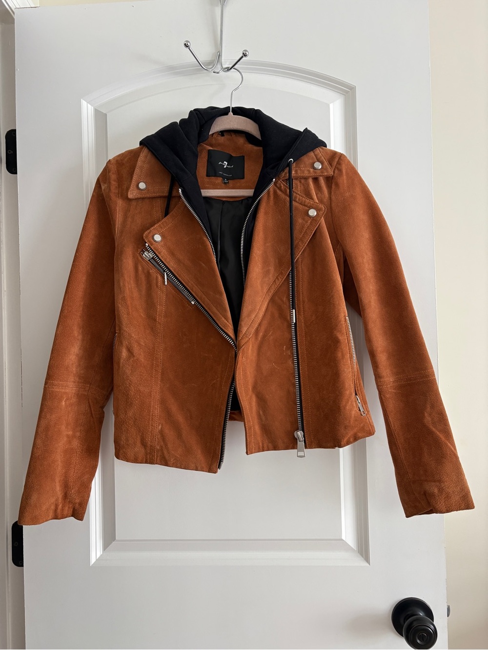 7 For All Mankind Rust Suede Moto Jacket with Black Hood